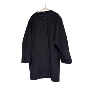 Vintage 100% Pure Wool Black Collarless Cocoon Coat Womens Size 16 Minimalist